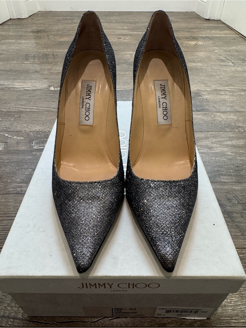 Jimmy Choo Abel Glitter Pumps 39.5 US 9.5 Anthracite 4” Stiletto Pointed Toe